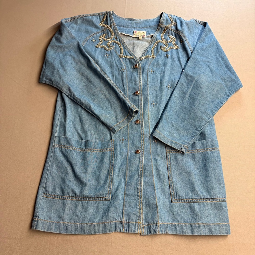 Monique Fashions Studded Denim Jacket Womens 12 Light Wash Cotton Chore Cardigan